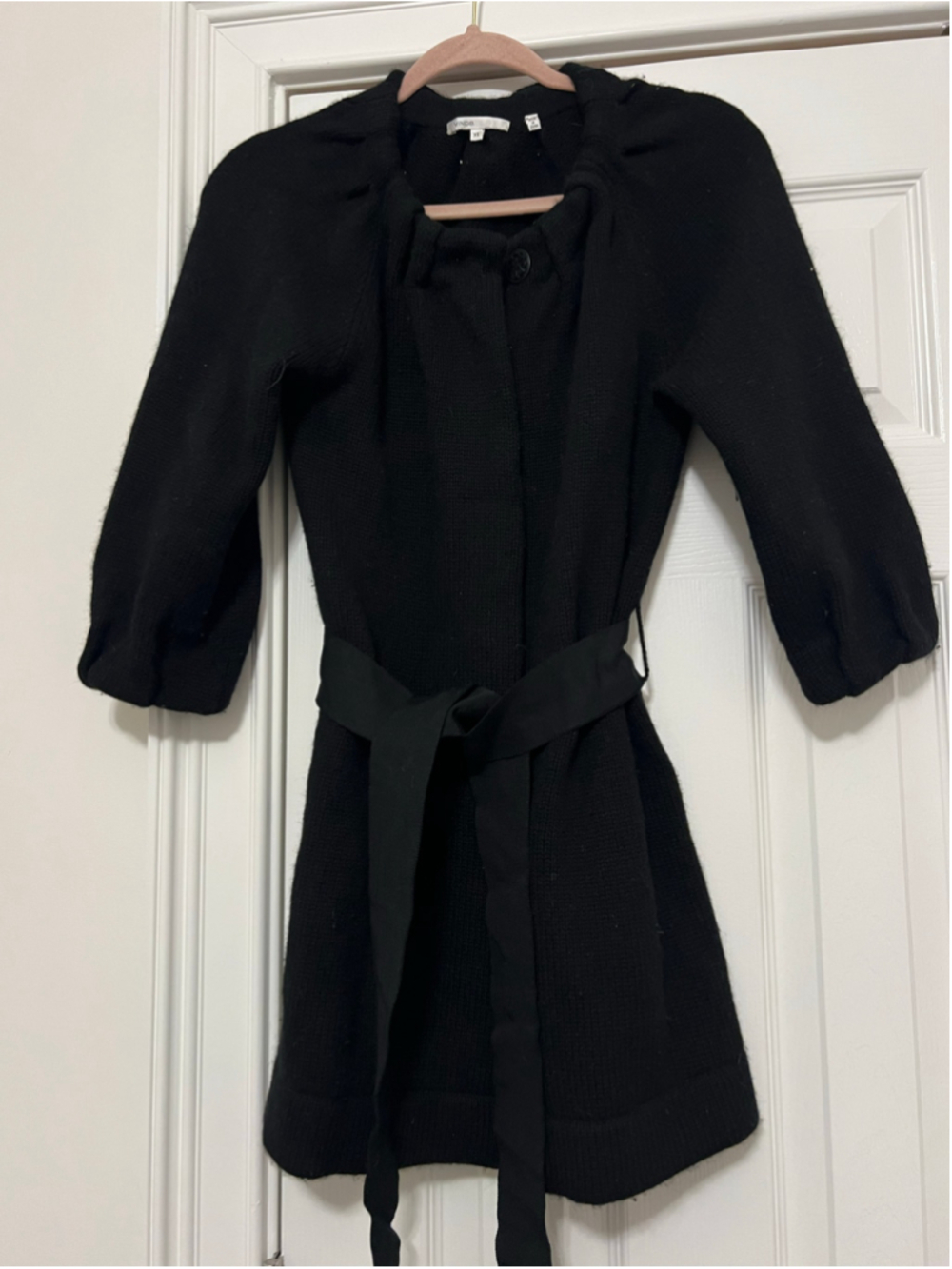 Vince Alpaca Wool Cashmere Cardigan Black Belted Knit Snap Button Classic XS - Picture 1 of 7